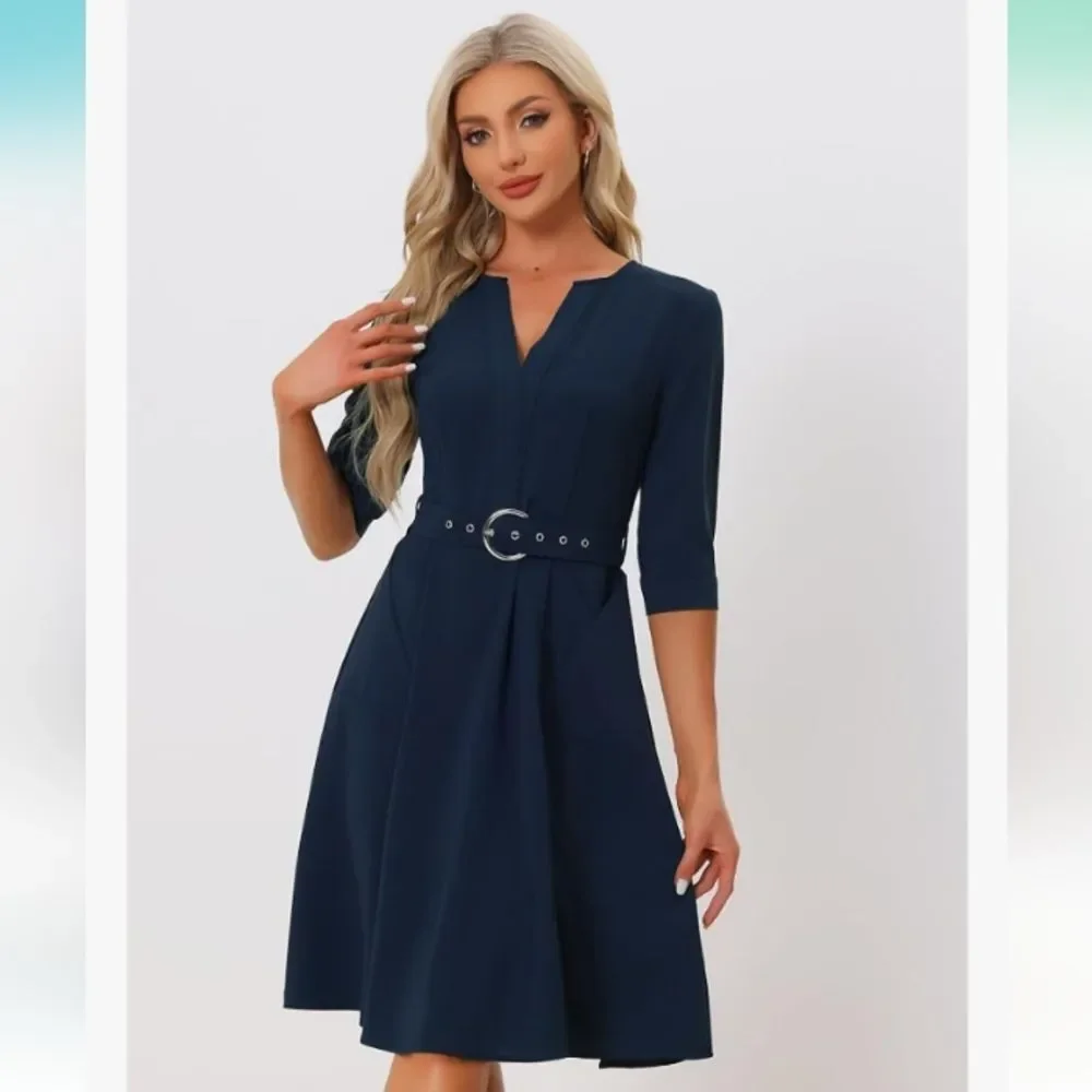 Allegra K Navy Blue Belted V Neck Dress with Pockets Size Medium NWT P2P 20 in - Picture 3 of 6